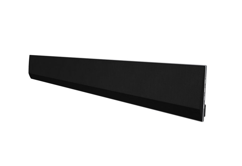 A black LG G1 soundbar with buttons on the right edge on a white background, front right view