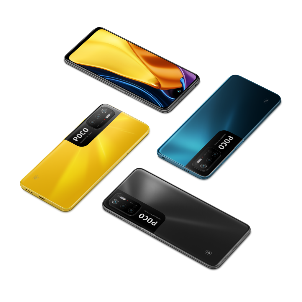 Four Poco M3 Pro 5G smartphones laid on a white background with three facing down and one facing up - three facing down have yellow, blue, and black colors on the back