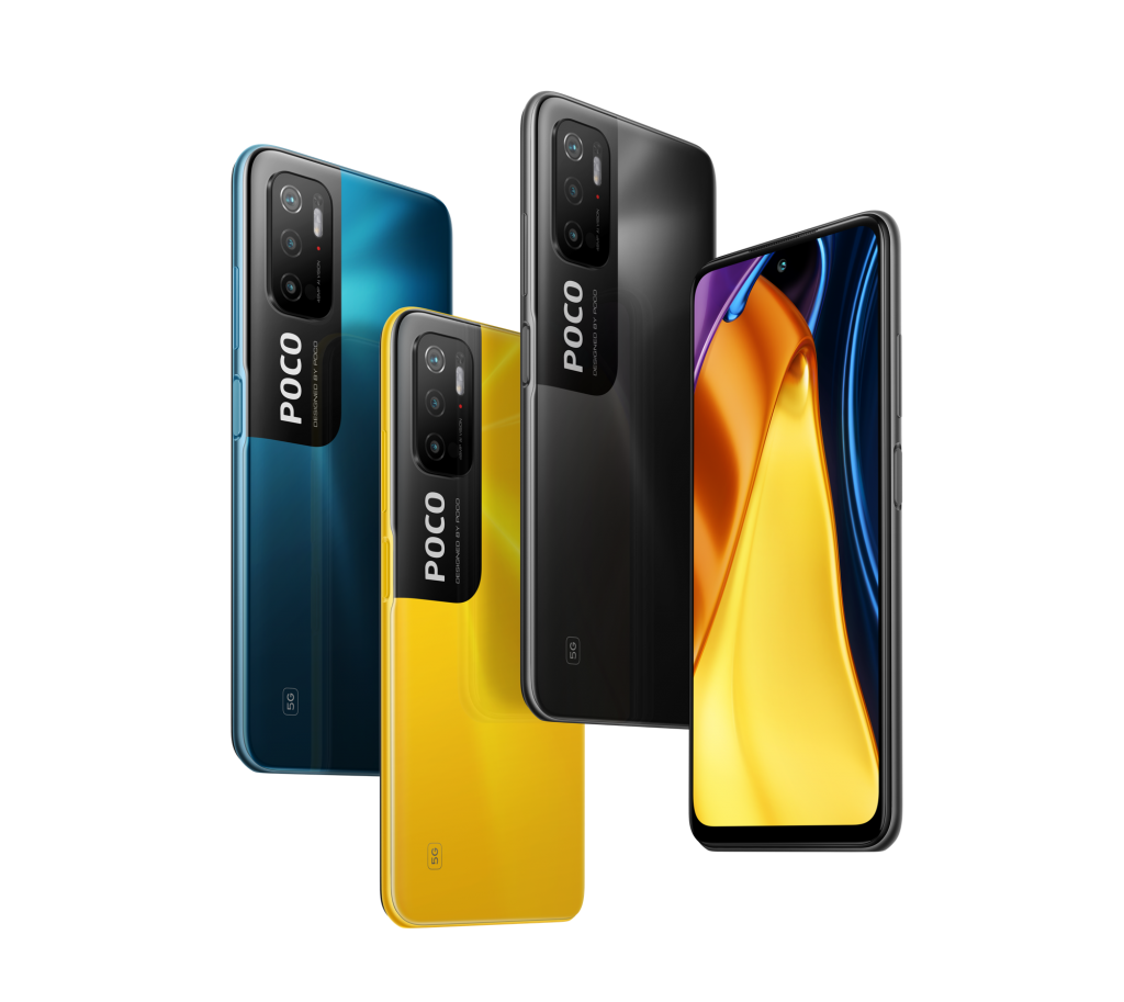 Four Poco M3 Pro 5G smartphones floating vertically closed to each other on a white background with three facing back and one facing front - three facing front have yellow, blue, and black colors on the back