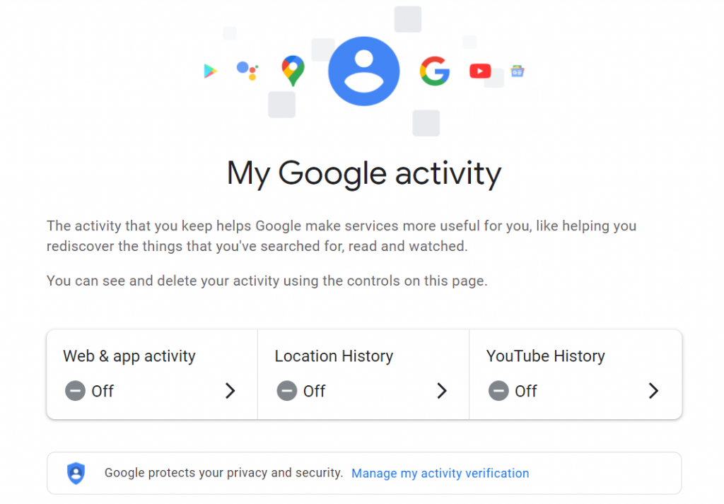 My Google activity screen with options like location history, youtube history, etc.