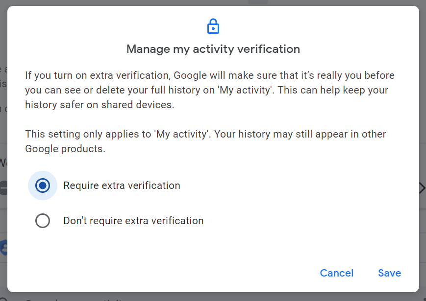Manage my activity verification's screen with marked require extra verification option and unmarked don't require extra verification option, a cancel and save button on bottom right
