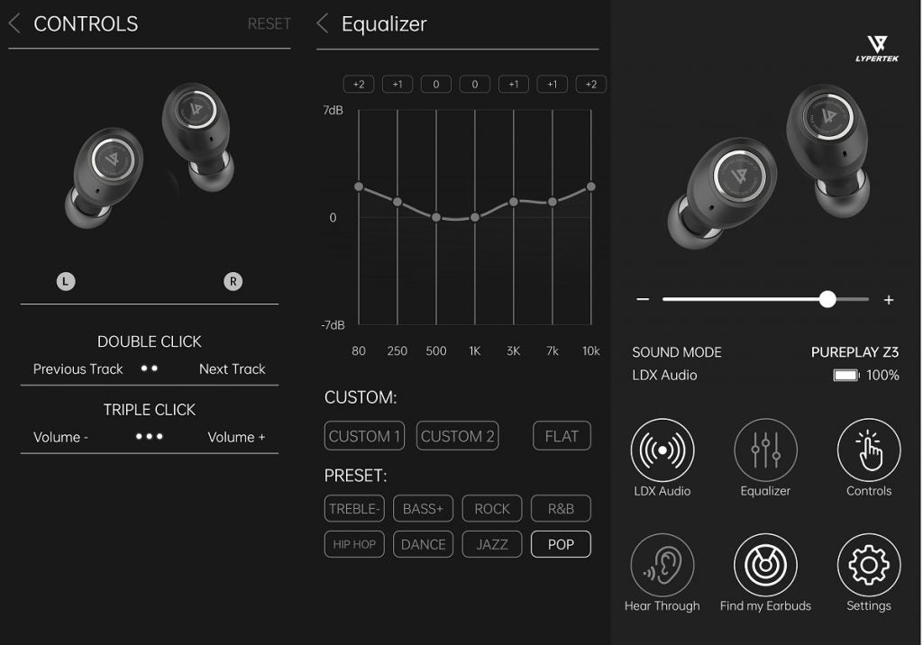 Three screenshots displaying controls settings screen for earbuds, equalizer settings screen, and sound mode settings screen, all in dark theme for earbuds from PureControl application