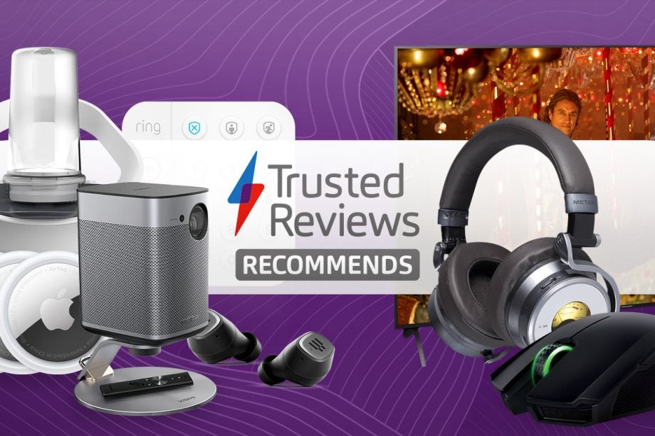 A banner with purple background, electronic devices and accessories on left and right with Trusted reviews recommneds  written at the center on white strip