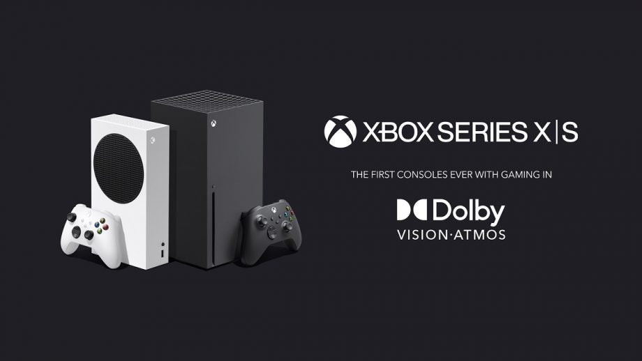 A white and black XBOX with remote on a blue black background with XBOX Series X S written on write and Dolby vision atoms logo below
