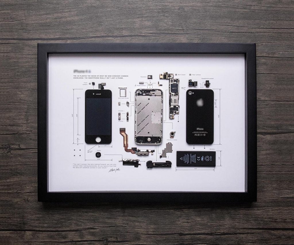 A photo frame on a wooden background with, photo shows iPhone 4s completely open and each unit seperately placed with each part labelled on a white background