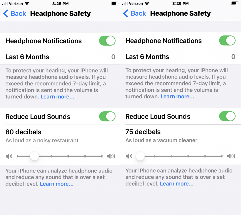 Two screenshots displaying headphone safety settings, both screenshots have same contentTwo screenshots displaying headphone safety settings, both screenshots have same content
