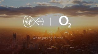 A scenery of a city at dawn with white logos of Virgin media and O2 with We're joining forces written below