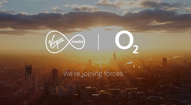 A scenery of a city at dawn with white logos of Virgin media and O2 with We're joining forces written below
