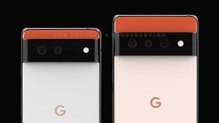 A Google Pixel 6 on left and a Google Pixel 6 Pro on the right on a black background, Google Pixel 6 has a red strip at the top, a black strip below with 2 cameras and a flashlight, and white space below with a Google logo, Google Pixel 6 Pro has a red strip at the top, a black strip below with 3 cameras and a flashlight, and white space below with a Google logo