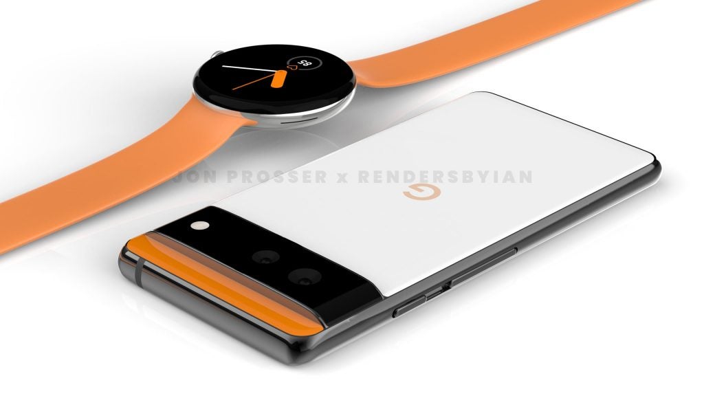 A Google Pixel 6 laid upside down on a white background and a Pixel watch with dial being black above and white below and orange bands place on the left behind 