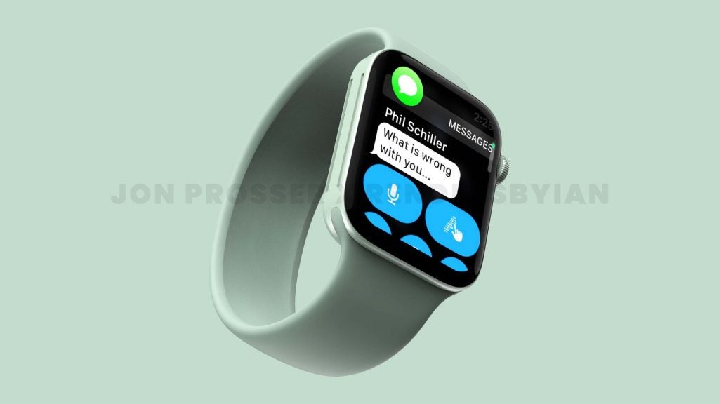 A white prosser green Apple watch displaying  messages on the screenA white prosser green Apple watch displaying  messages on the screen