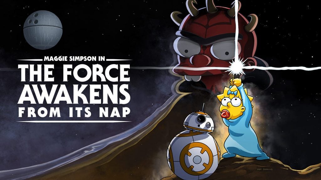 Cover of Maggie Simpsons in The force awakens from it's nap, a simpson in blue outfit holding a laser light with a simpson head peaking out of a volcano at back