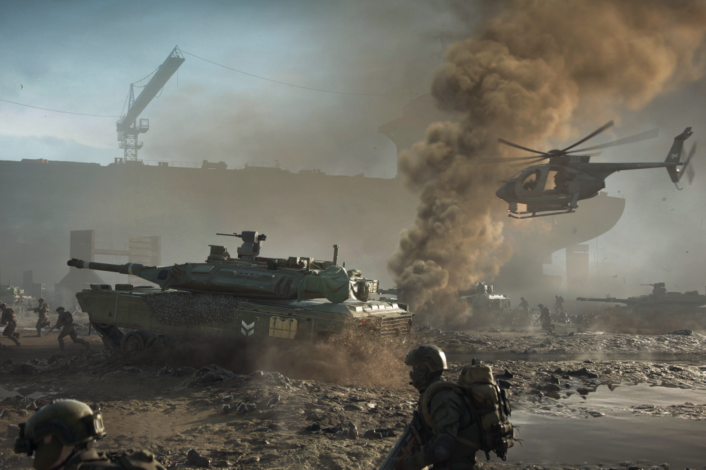 Battlefield 2042: танк и вертолет следуют за армией пехоты