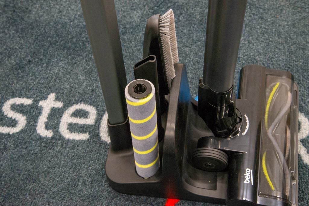 Beko PowerClean Cordless Vacuum Cleaner VRT94929VI accessories stored in stand
