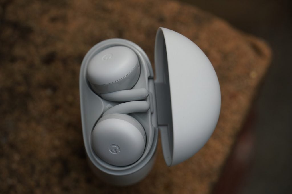 Pixel Buds A-Series from aboveTop view of Google Pixel Buds resting in the case with lid open