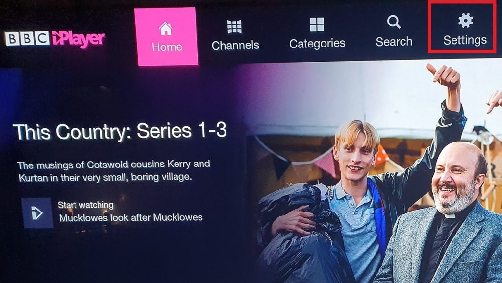 BBC iPlayer, home screen displyaing a show named This country