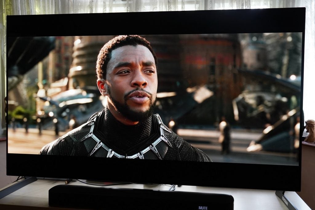 LG G1 OLED Black Panther Dolby Vision IQLG G1 OLED TV playing a movie, displaying black panther standing