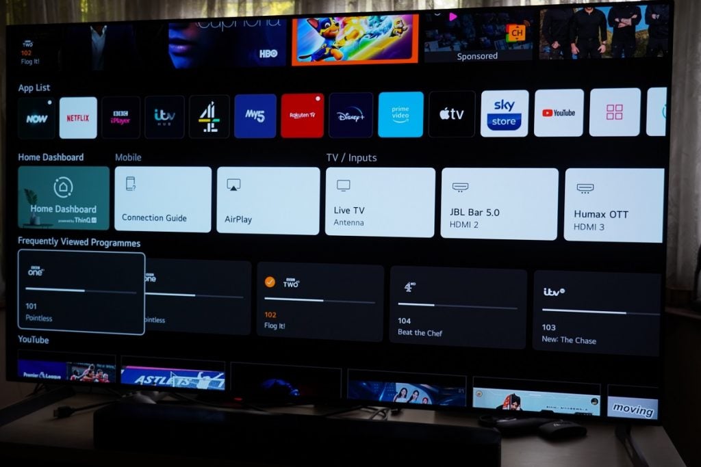 LG G1 OLED webOS 6.0LG G1 OLED TV displaying a horizontal app list, home dashboar, frequently viewed programs and content from Youtube