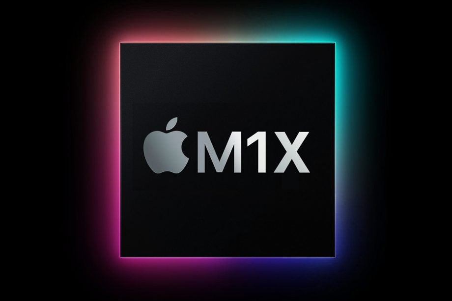 Apple M1X processor sorrounded with bright colors and black background with M1X printed on the processor with Apple logo before it