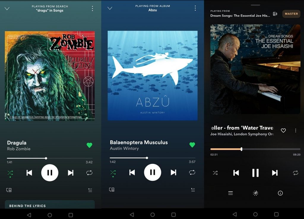 Music from Spotify and Tidal streaming appsThree different images of Sony WF1000 XM4 music playing Dragula, Balaenoptera Musculus, and The essential Joe Hisaishi