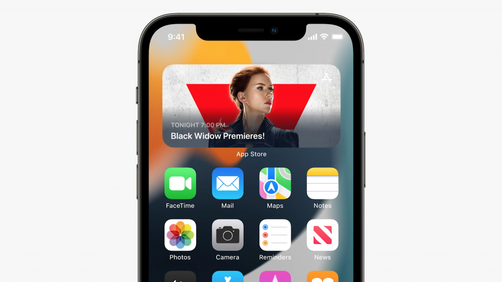 Top half iPhone displaying App store widget that says Black Widow Premiers!