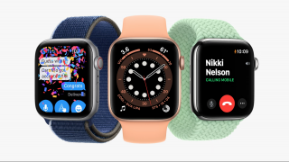 Three Apple watches displaying chat, calling, and compass features of Apple watch OS2