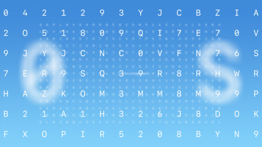 Number of numbers and letters with equal spaces displayed on a blue background with 0 and S visible in a blurred background, showcasing iCloud encryption