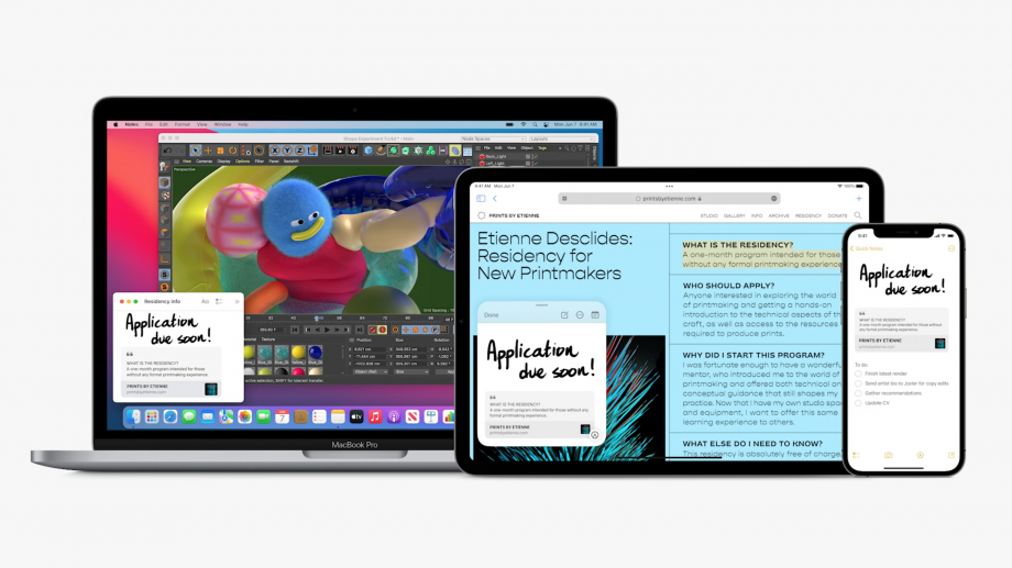 Use of Quick Note being showcased by displaying it on Macbook Pro, iPad, and iPhone
