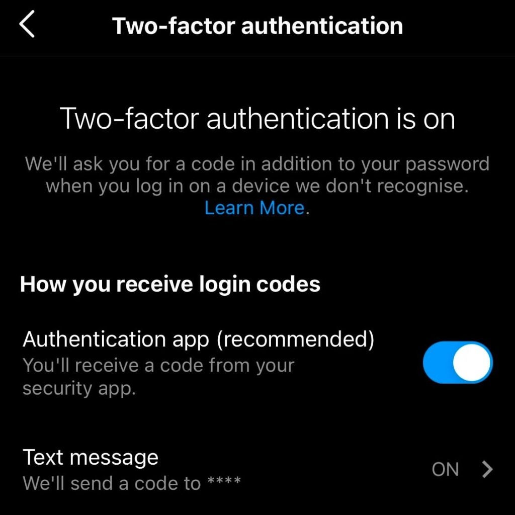 Instagram gives users the choice of setting up two-factor authentication with either a moblie number or through a third-party app. 