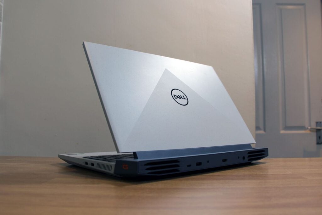 Rear of laptop, with Dell logo on lid