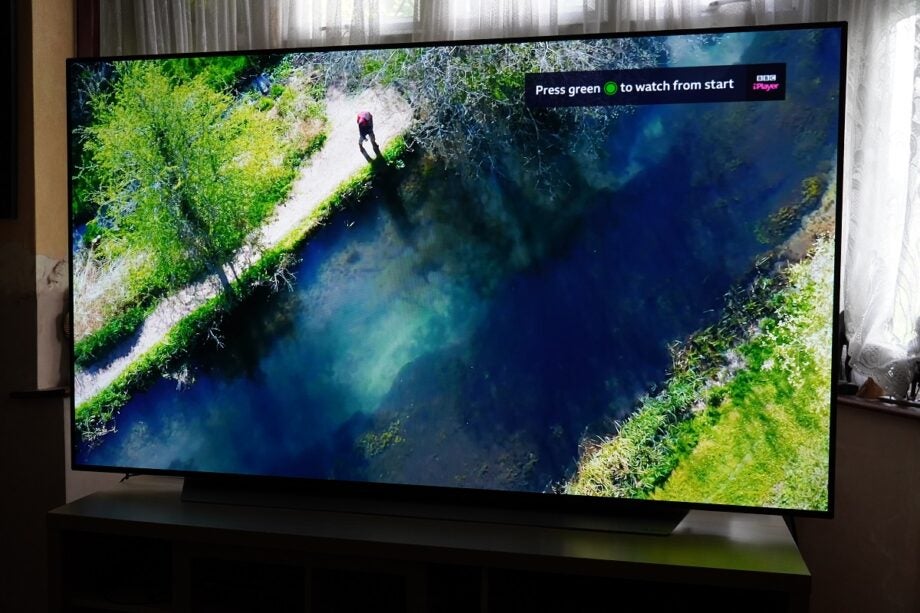 LG OLED65C1 displaying vibrant nature scene onscreen.