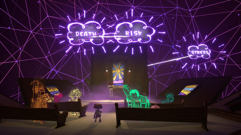 Screenshot of a Psychonauts 2 level with neon signs.