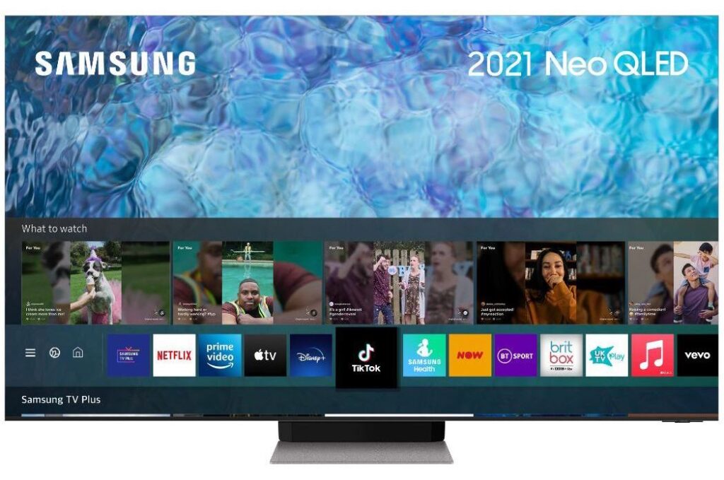 The Samsung 75QN900A, with Samsung's Eden smart system on-screen.
