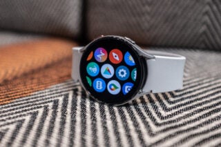 Galaxy Watch 4 with white strap front on