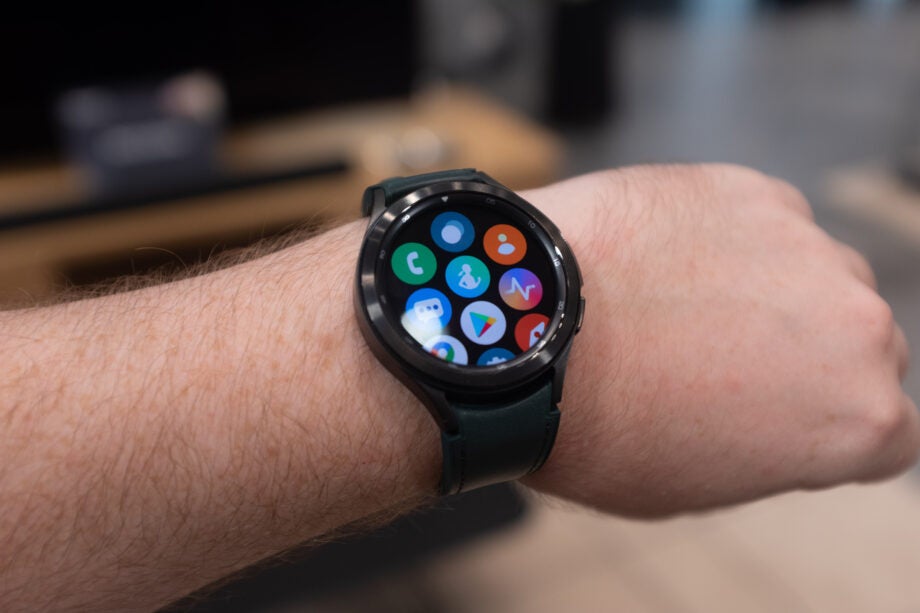 Galaxy Watch 4 Classic with green strap being worn