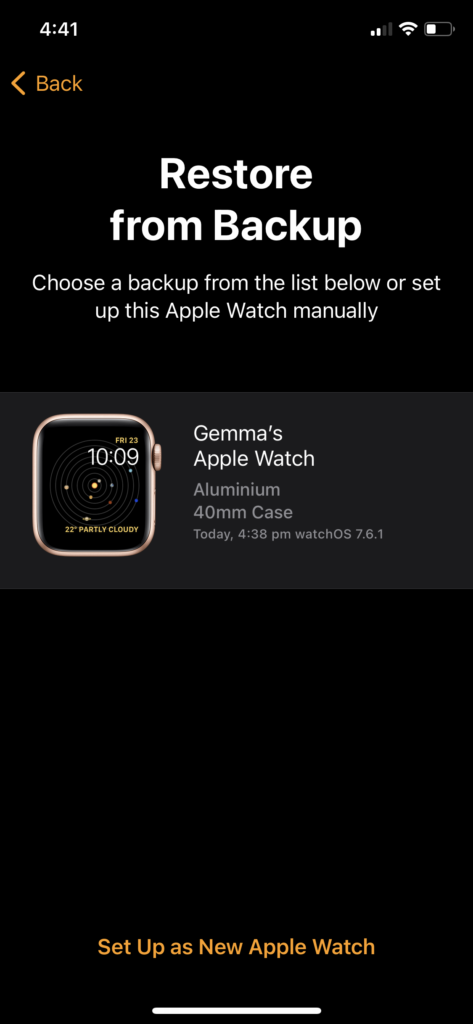 Apple Watch restore from backup 2