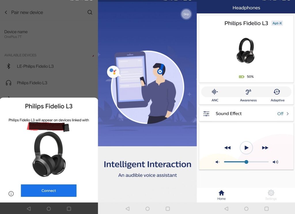Screenshots showcasing Philips Fidelio L3 headphones and companion app features.