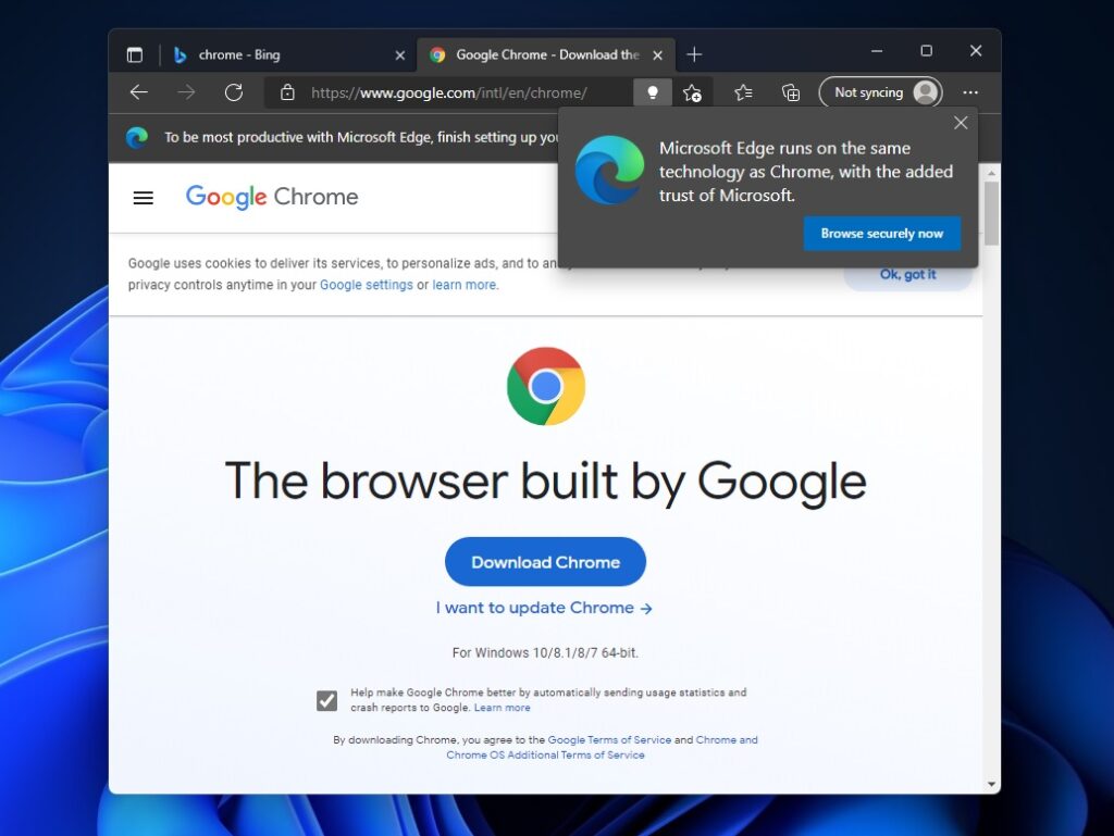Advertencia de Windows 11 Chrome