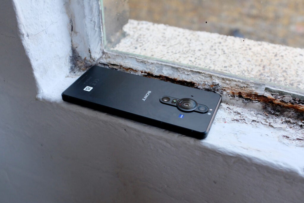 The Xperia Pro I on its back showing the camera