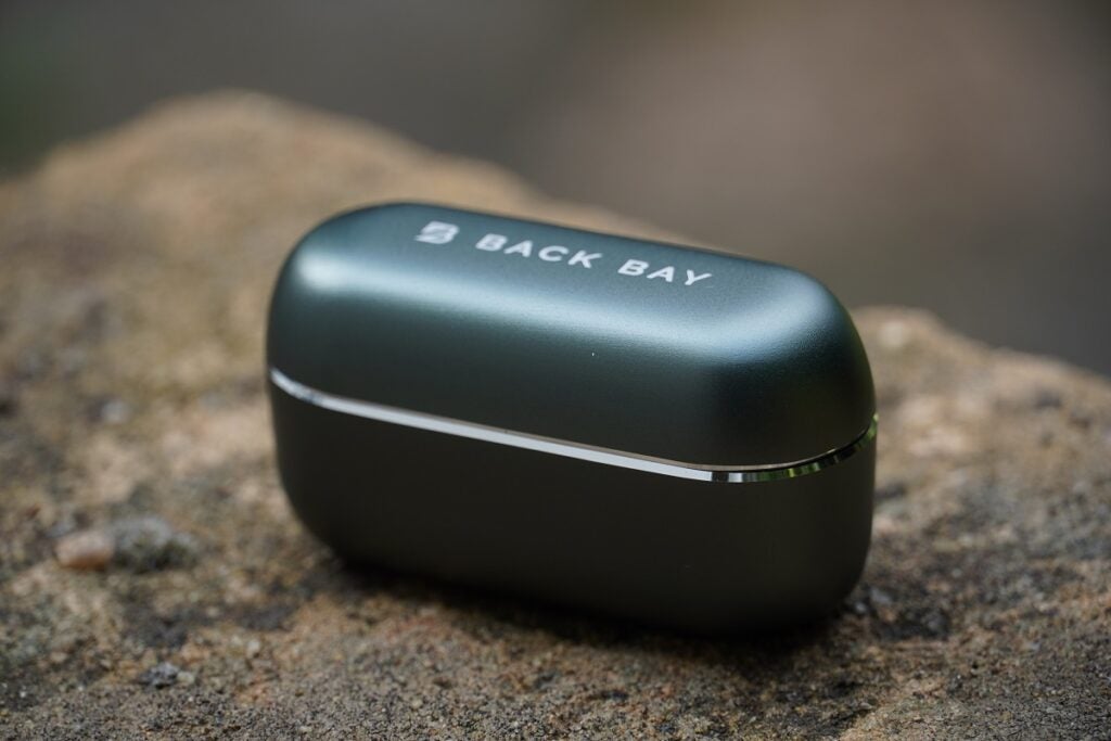 Back Bay Tempo 30 charging case on a rock