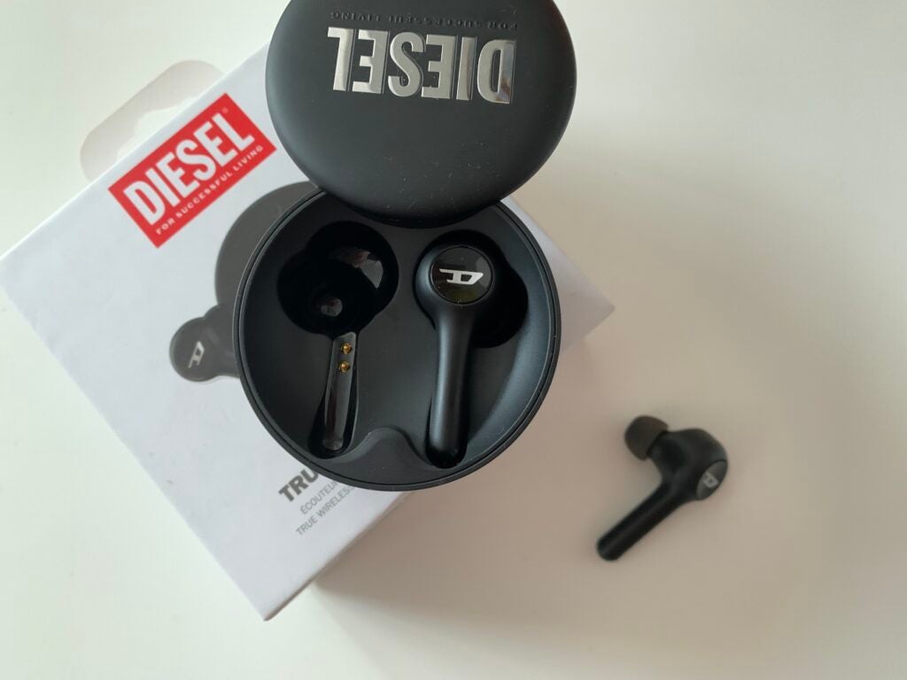 Diesel True Wireless Earbuds with one earbud out of case