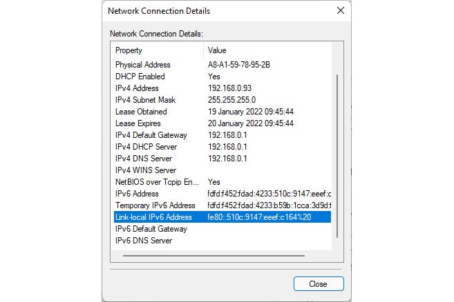 Windows IP address details