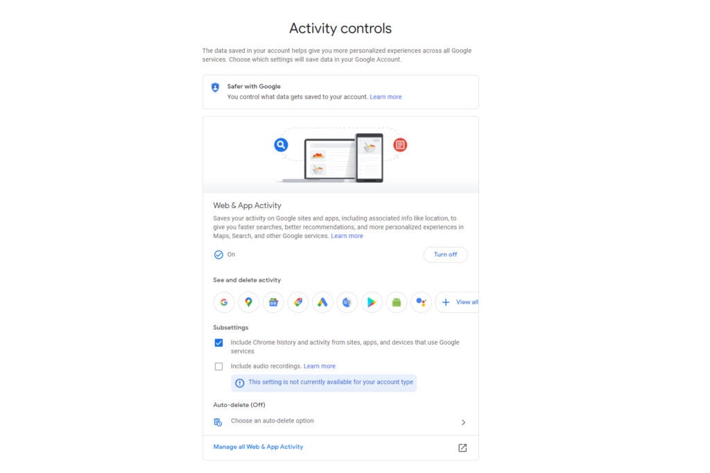 Google Assistant manage activity