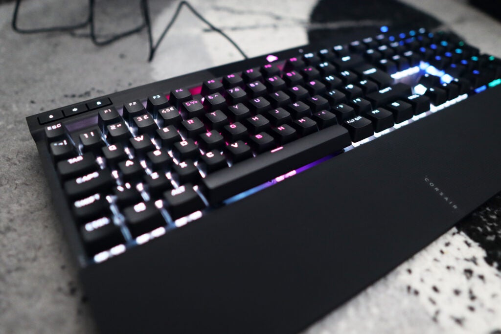 The wrist rest and keys of the Corsair K70 RGB Pro