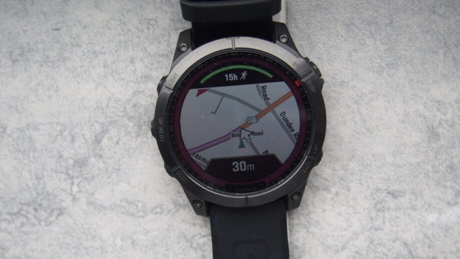 Garmin Fenix 7 watch displaying a navigation map.