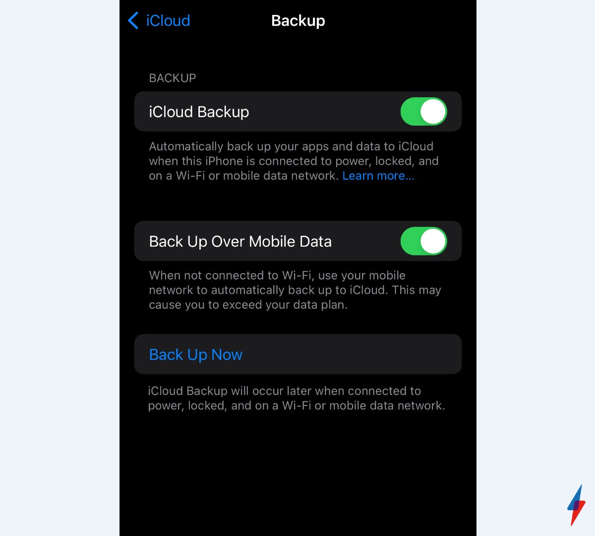 Turn on iCloud backup in iPhone