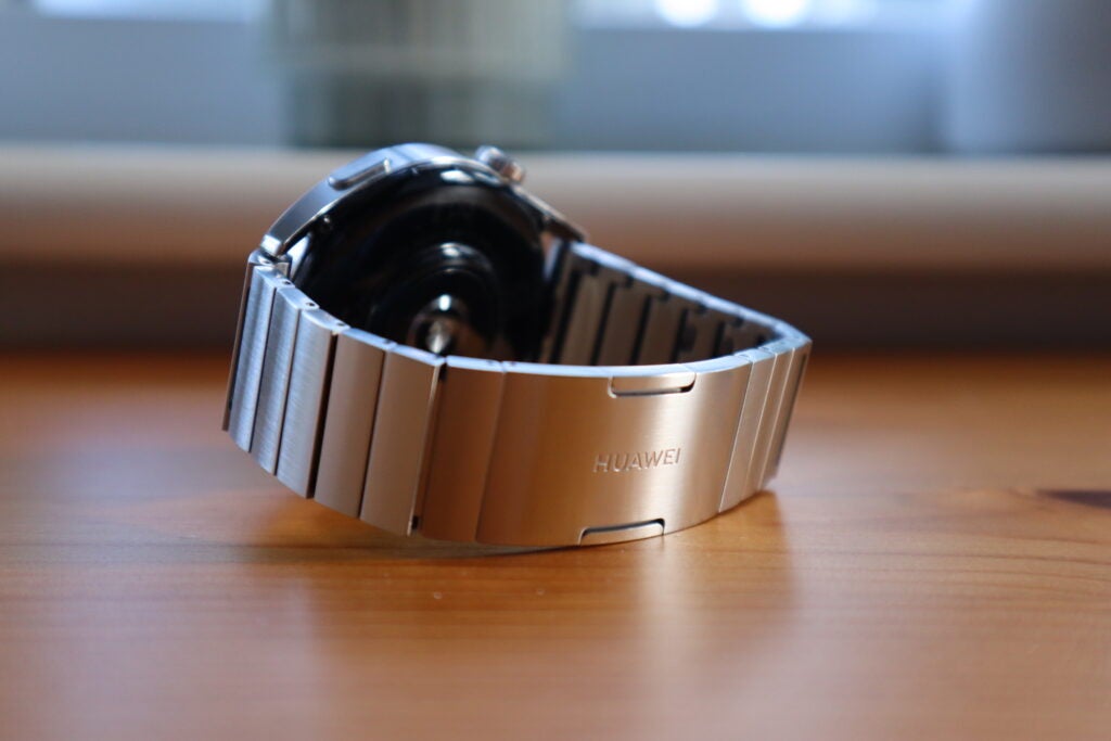 The Huawei logo features on the clasp of the stainless steel Watch GT 3