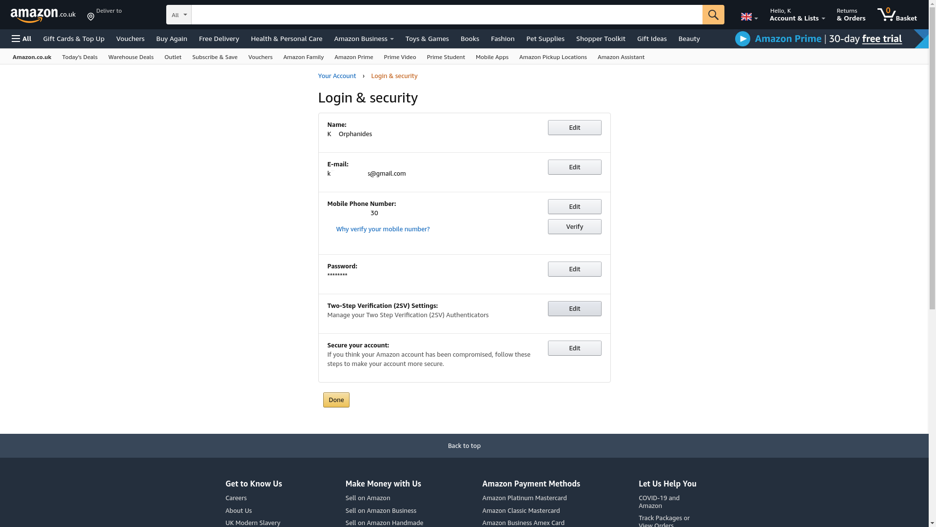 Amazon's login and security settings screen