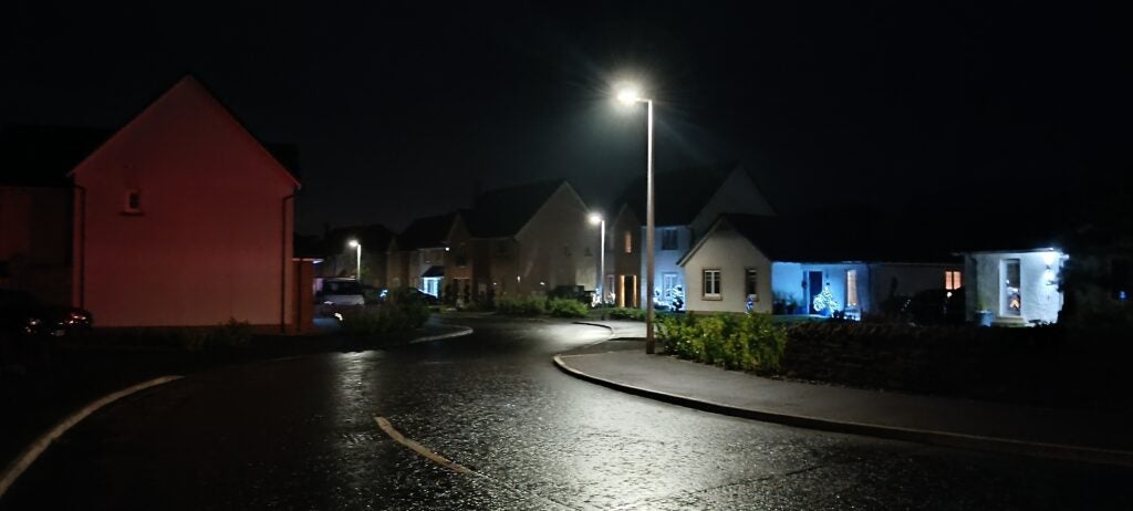 Image taken by the Poco M4 Pro 5G of a streetlit housing estate at night