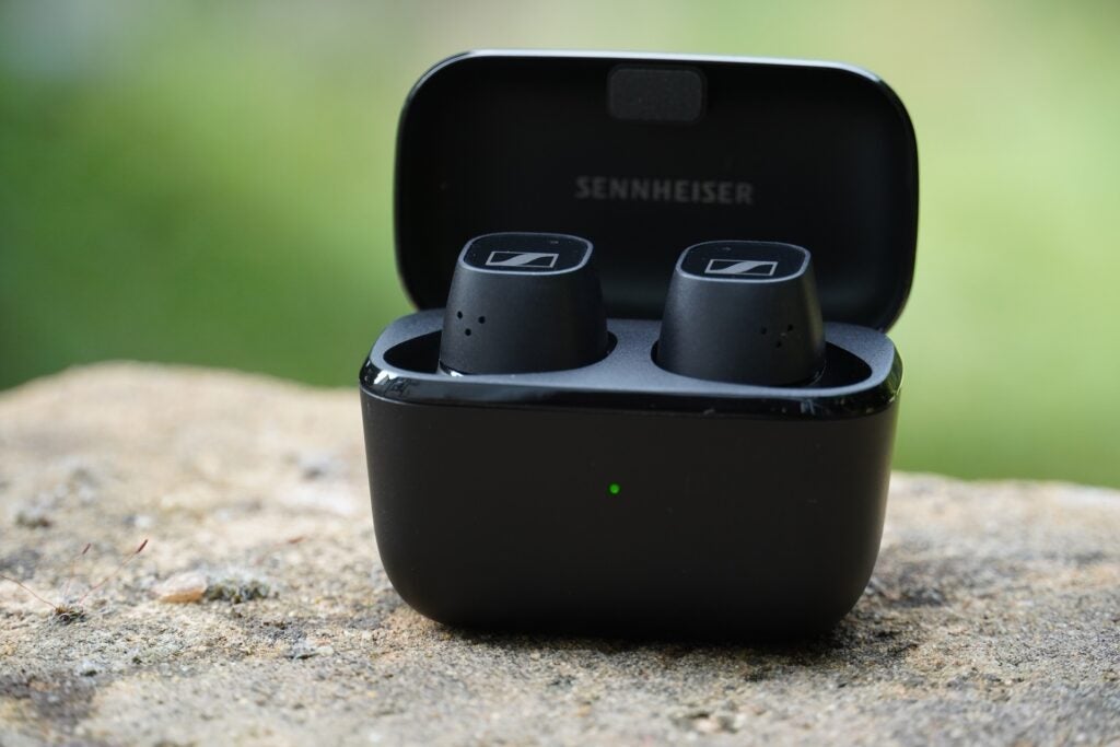 Sennheiser CX Plus True Wireless earbuds on rock ledge in garden